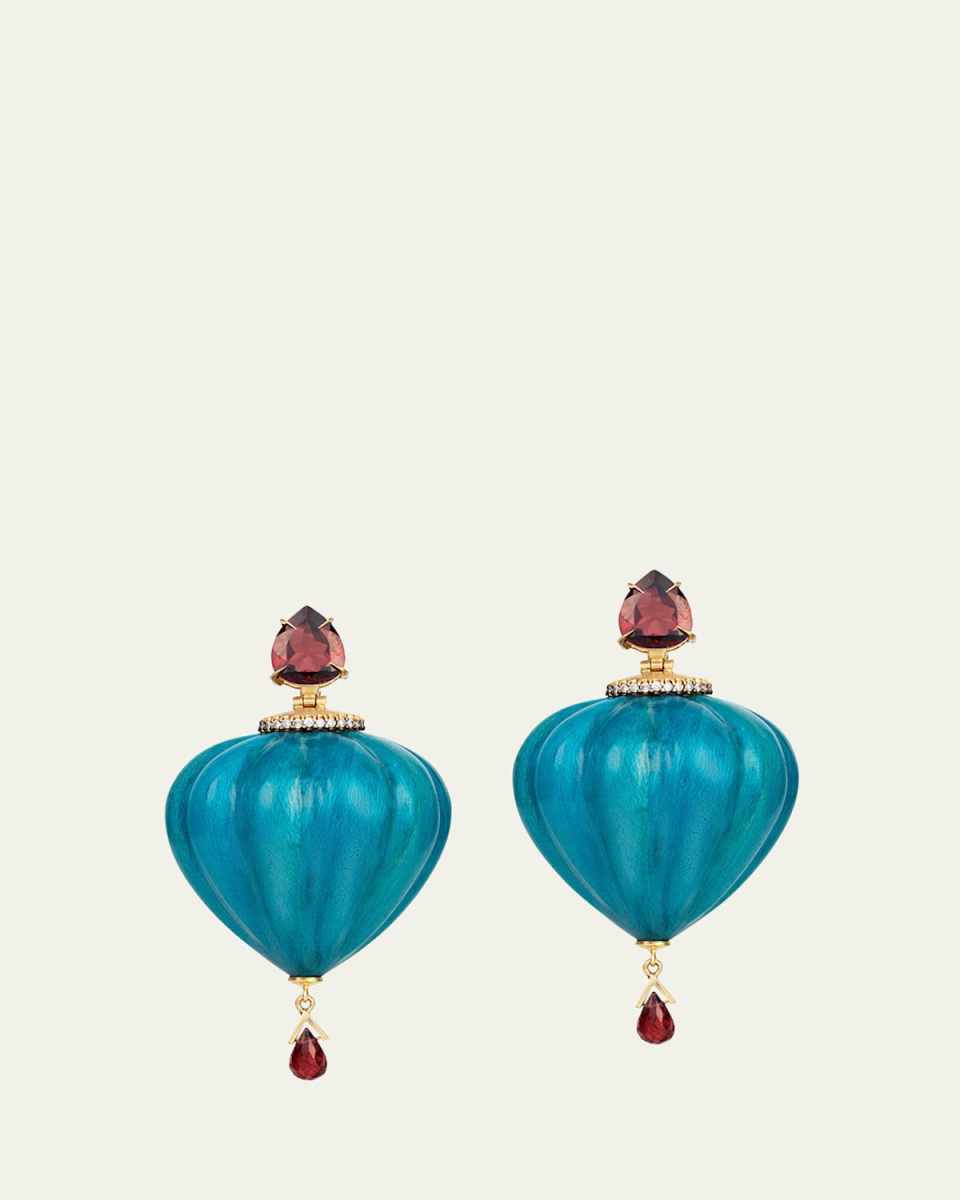 Turquoise Lacquer Marquetry Drop Earrings with Diamonds and Garnets